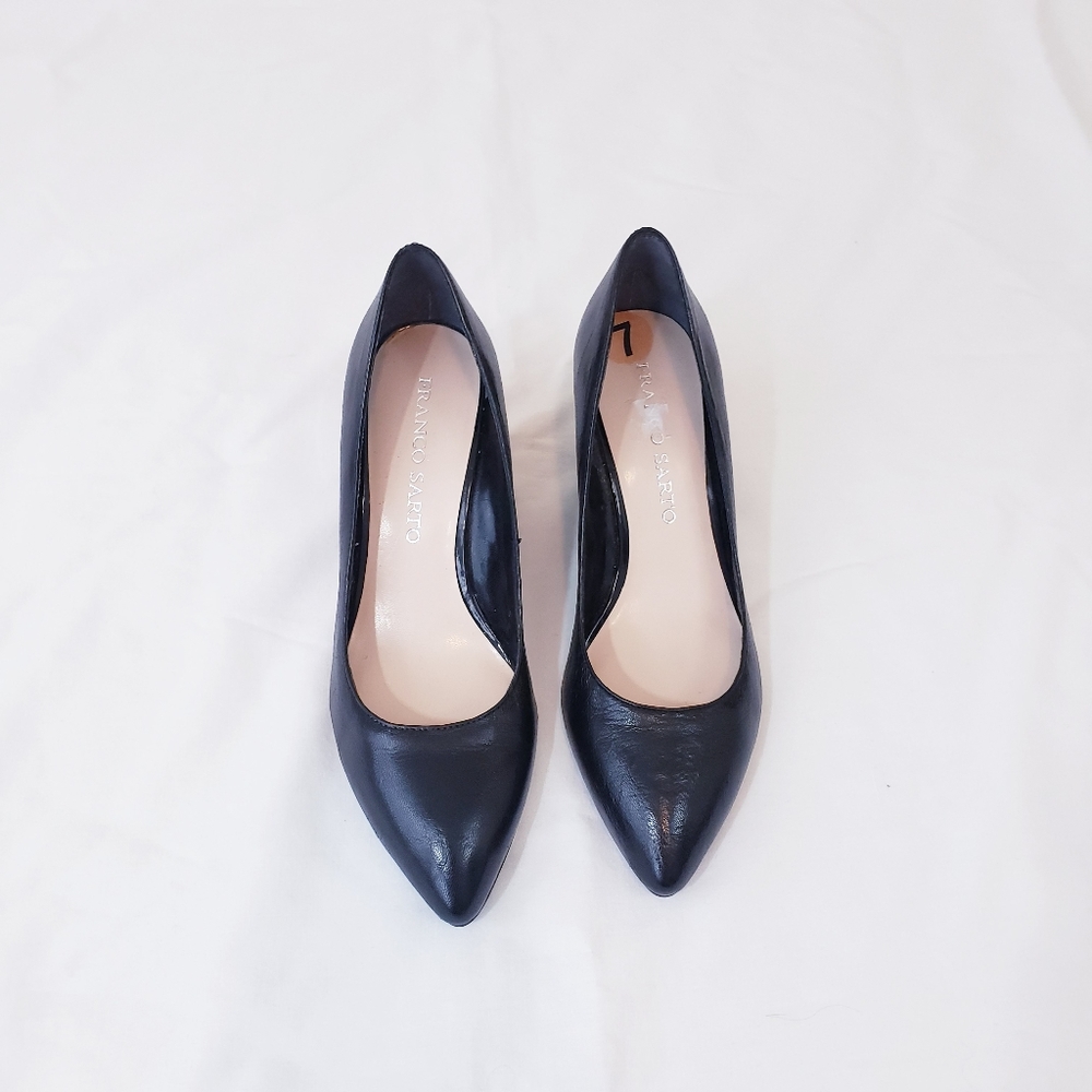 Franco Sarto Frankie Black Wedge Pump Size 7 Leather Wedged Heel Pointed Toe - Picture 4 of 14